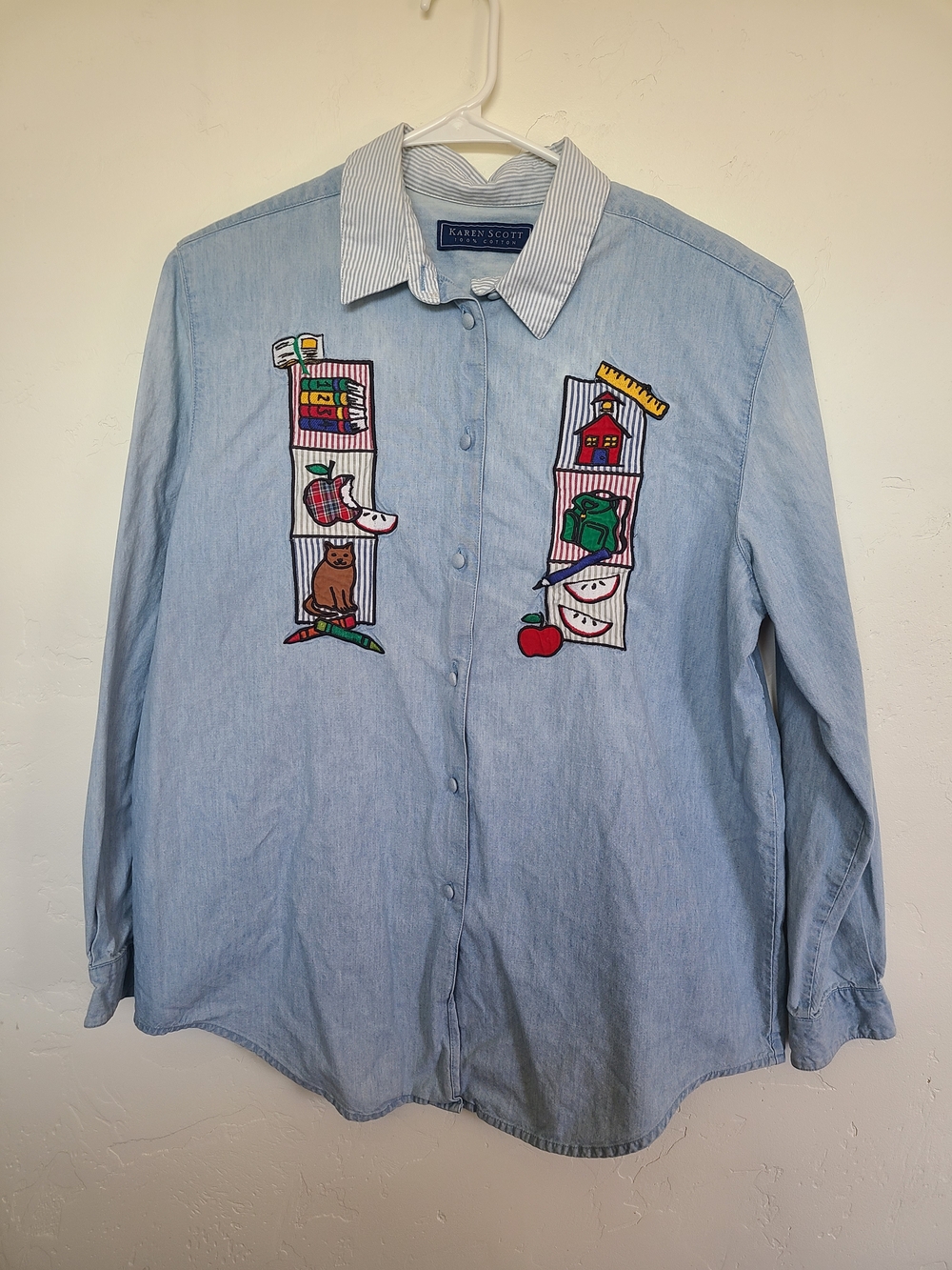 Karen Scott Light Blue Embroidered School Teacher- Themed Button-Down Shirt